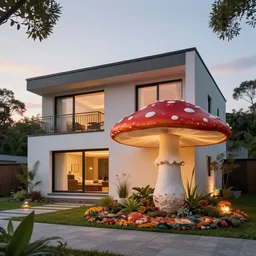 exterior of a modern house in the style of an amanita muscaria mushroom during sunset with soft lamp light, lots of plants rugs