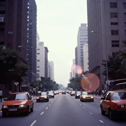 a group of cars driving down a street next to tall buildings, a matte painting by andrey yefimovich martynov, pixiv, superflat, streetscape, anamorphic lens flare, photo taken with ektachrome - n 9