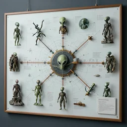highly detailed alien conspiracy board about humans