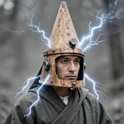 realistic photo of a a scientist ritual monk medieval cone hat helmet made of wood, with plastic details detailed, covered in tesla electricity lasers aura, greyscale 1 9 9 0, life magazine photo, natural colors,