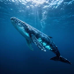 under the ocean, fish with a glowing shadow of a giant whale, hyper realistic, epic lighting, cyberpunk, wide angle lens