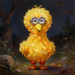 Painting of a glowing kewpie doll that looks like Big Bird, painted in the style of Watteau with sad minion eyes