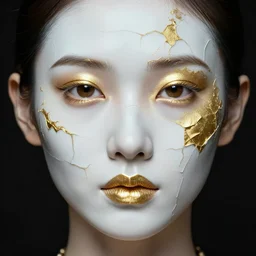 fashion model face with cracked porcelain skin lines filled with gold in the kintsugi style, highly detailed