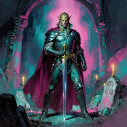 elvenking, sword and sorcery, by frank frazetta, candlelit catacombs, vibrant colors, teal and magenta