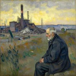 a sad solitary old man looks on as in the evening sunlight as in the distance a factory is demolished, in the style of paul cezanne
