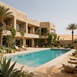 brutalism style concept hotel in the desert, biophilia mood, pool, garden, highly detailed, cinematic, photorealistic,