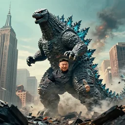 kim jong un as godzilla destroying manhattan new york city, kim jong - un, godzilla, destruction, hyper realistic, photo