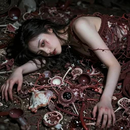 horrific pile of guts and corpse parts with a beautiful in it
