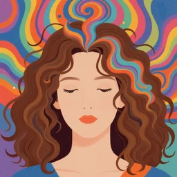 a colorful vibrant closeup portrait of a simple woman with curly mid length brown hair with a calm aesthetic face and dreaming psychedelic hair, by kawase hasui, moebius, edward hopper and james gilleard, zdzislaw beksinski, steven outram colorful flat surreal design, hd, 8 k, artstation
