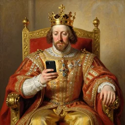 1 7 0 0 s painting of the king of england checking his twitter feed on his cellphone while sitting on his throne gold crown
