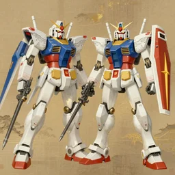 Amuro vs Char in their respective Gundam mecha suits, traditional Chinese painting style, beautiful, dynamic lighting, intricate detailing, gold glow, trending on art station, 8k