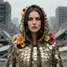 closeup portrait of a woman wearing a cloak made of coins and flowers, standing in an apocalyptic city, by Annie Leibovitz and Steve McCurry, natural light, detailed face, CANON Eos C300, ƒ1.8, 35mm, 8K, medium-format print
