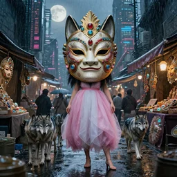 hyper realistic Princess Mononoke, ornate mask, wet market street, rainy atmosphere, full moon, cyberpunk metropolis, city landscape, jewels, full body pose, wolves, style of tom bagshaw, mucha, james gurney, norman rockwell, denoised, sharp