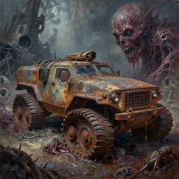 oil painting nightmare macerated vehicles used for future military rusted demon barbed footprints treads hooped around destroyed atomic torn landscape in primoridal slimes dropping into in terrifying necrotized skins, cinematic, fine art, ornate masterpiece, hyper detailed by geof darrow and built by alex nino