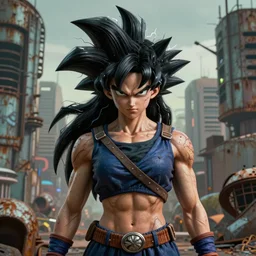 warrior girl, muscular girl, wild spiky black saiyan hair, long spiky hair, electrified hair, dystopian city, rusty metal buildings, 8 0 s pulp art, ultra realistic, intricate details, highly detailed, subsurface scattering, photorealistic, octane render, 8 k, art by artgerm, greg rutkowski, magali villeneuve, alphonse mucha