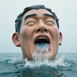 a massive funny sculpture of a surreal distorted human face vomiting jelly on the ocean water, in the style of johnson tsang, funny sculpture, lucid dream series, cinematic, hyper - realistic, very detailed, realistic water splashes, ray tracing, 8 k resolution, long - shot, sharp focus, low angle, 8 5 mm photograph, wide lens