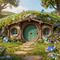 hobbiton landscape with abnoxious jewels all around, fantasy, rock, high detail