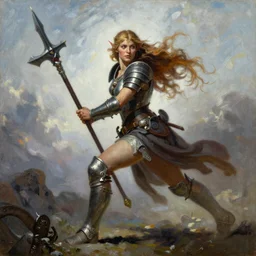 A full portrait oil painting of a berserker woman holding a claymore and running, by Frank Frazetta, Boris Vallejo, epic fantasy character art, elven, armor, Exquisite detail, post-processing, low angle, masterpiece, cinematic