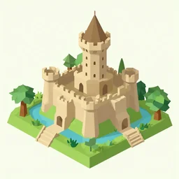 medieval castle in a jungle with towers and moat, 3 d, isometric, polygon art style, simple