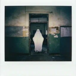 polaroid of the interior of an abandoned school, ghost in a doorway, sad, depressing, creepy, bad lighting