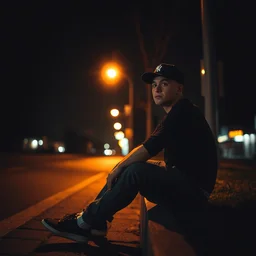 young guy wearing a cap and sitting on a curb under a warm street light in the dark, cinematic lighting, establishing shot, art by greg rutkowski