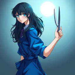 a woman in a blue dress holding a pair of scissors, a character portrait by nagasawa rosetsu, pixiv contest winner, synchromism, official art, booru, pixiv