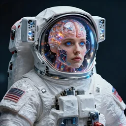 realistic extremely detailed  photo style portrait painting of a complete astronaut suit with exposed diamond 3d fractal lace iridescent bubble 3d skin clear brain , retro futuristic ,water ,  rich moody colors,diamond dust glitter and sparkles, holographic krypton ion,blue eyes,octane render,4k,f32