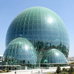 giant green glass domes in los angeles with humongous futuristic glass building built very far away, parks and lake, sunrise, hyperdetailed, artstation, cgsociety, 8 k