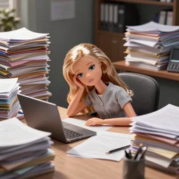 a tired!!!!! and sad!!!!! looking barbie doll sits at a desk in her office. the desk is overflowing!!! with several large stacks!!! of paper that surround!!! her entirely. her head is resting on her hand, photorealistic,