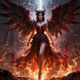 character design by james jean, ruan jia, ilya kuvshinov, martine johanna, jakub rebelka ( ( ( portrait of a demonic sexy dark angel in seductive luxurious flowy fiery dress ) ) ) emerging from lighting and powerful thunder, sharp edges. ultra detailed, majestic, intricate,