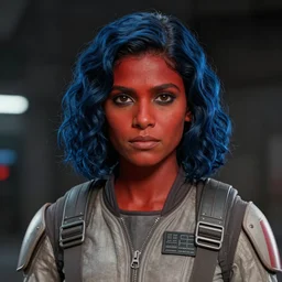 star wars portrait of a woman by greg rutkowski, zeltron female, red skin, pretty, mixture between indian and hispanic features, wavy dark blue hair, wearing a starfighter pilot uniform, she is about 2 0 years old, detailed portrait, sharp foccus, artstation hq.