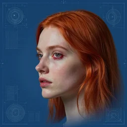 portrait of triangle shaped redhead woman head with single bloodshot eye, in the style of Greg Broadmore and Arthur Rackham,trending on artstation, light lighting side view,digital art,surrealism ,macro,blueprint ,vaporwave ,