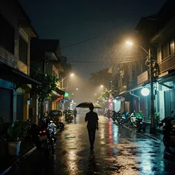 street of hanoi photography, night, rain, mist, cinestill 8 0 0 t, in the style of william eggleston