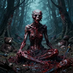 high resolution 4 k goru, blood, horror made in abyss design bizarre design body a field of cool colors shading war bloody war wounded country bears sitting in a forest of the abyss eradication, pogrom, at war, art in the style of and oleg vdovenko and akihito tsukushi