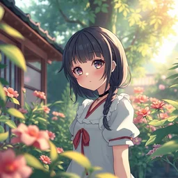 isekai cute japanese anime girl in garden, stylized, beautiful lineart, depth focus, rankings pixiv, artstation, chromatic aberration, soft lighting, srgb, 4 k artstation, hdr, cinematic. himehajime