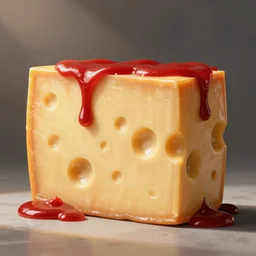 Photo of a big building made of cheese and adorned with ketchup