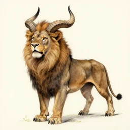 human / eagle / lion / ox hybrid with two horns, one beak, mane and human body. drawn