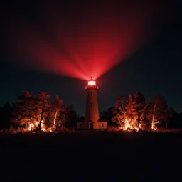 lighthouse that shines red beam, field, night, unsettling, burning trees, photo 1998