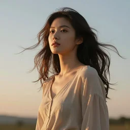 a beautiful young woman, lightly dressed, in wind at sunset, high detail, 4 k, concept art, photorealistic