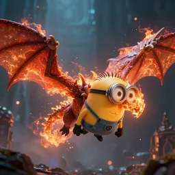 Minion dragon flame on fantasy skyland, dark atmosphere, sharp focus, bokeh, movie shot, cinematic perspective, full hd, Vibrant colors
