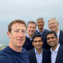 group selfie photo, mark zuckerberg, gabe newall, satya nadella, tim cook, scenic background