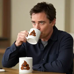 Michael J Fox drinking coffee put a poop emoji mug