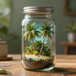 a tropical island inside a glass jar!! standing on a wooden table in a cabin, metal lid on the jar, highly detailed, volumentric lighting, hyperrealistic, sharp focus, octane render 8 k, bokeh, specular highlights, subsurface scattering, artstation, cgsociety, painting by greg rutkowski, artgerm, wlop