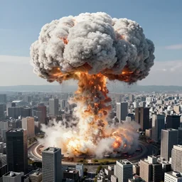 hyper detailed mushroom! clouds! formed by an h - bomb! explosion! in the middle of tokyo, raising between the buildings, highly detailed, concept art, smooth, sharp focus, modern war photography, awarded photography, futuristic style, popular on artstation, unreal engine, aerial photo, nvidia graphics,.