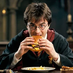 Harry Potter eating a cheeseburger, photo realistic, award-winning, highly-detailed, epic, cinematic, dramatic