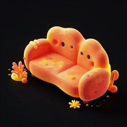 black background with an isometric red orange yellow neon sofa with a crazy unusual organic design based on alien bioluminescent nature aesthetic, it has plants growing onto it and is made out of rocks and glowy crystals in a maximalist design, an asset for a mobile game. low poly full black background behance masterpiece