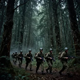 wide shot, a squad of American Soldiers patrolling deep in the thick, forest, painting, colored, eerie, ominous, Lovecraftian, eldritch horror, 1969
