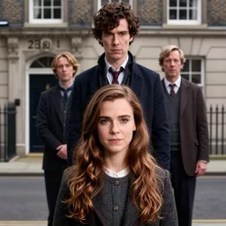 bbc sherlock, starring katie holmes and emma watson, long hair on head, long shot, baker street 2 2 1 b at background, still from sherlock bbc movie, intricate, cinematic lighting, smooth, sharp focus, award winning portrait studio lighting by jessica rossier and brian froud and gaston bussiere