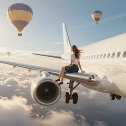 photorealistic very wide shot of a girl sitting on the wing of a flying passenger airplane, side view, very windy, sunny morning light, hot air balloons in the distance, hdr, volumetric lighting, intricate details, detailed digital artstation concept by noriyoshi ohrai and john william waterhouse and krenz cushart