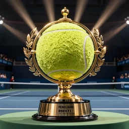tennis trophy, massive win, celebrating a big tennis match victory, trophy looks like a tennis ball, sports channel